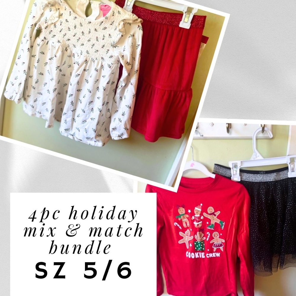 4pc Sz 6 Holiday Outfit Bundle Velour, Tutu, Holly Blouse, Graphic Tee EU & NWT